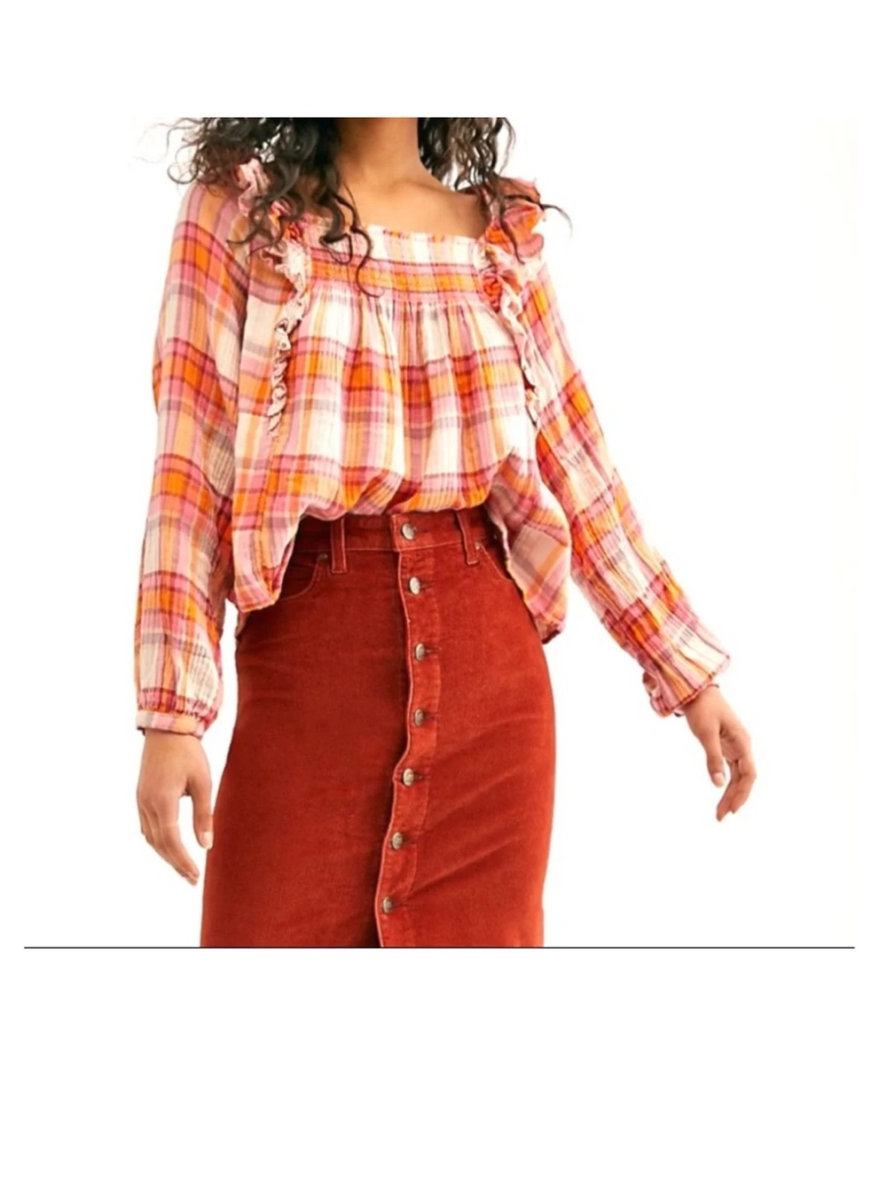 Free People Pink & Orange Knit Plaid Top NWT Size Large